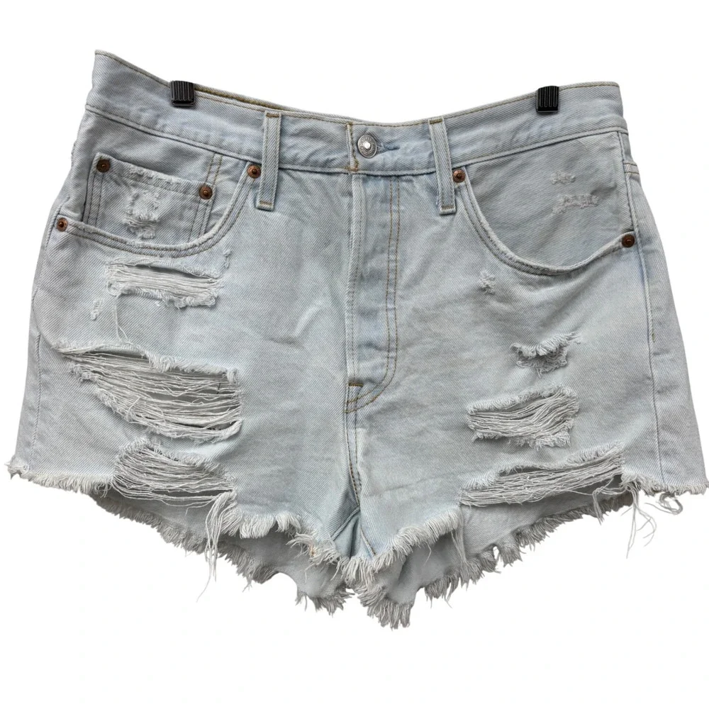Levis 501 Original High Waisted Distressed Denim‎ Shorts Light Wash Blue W30